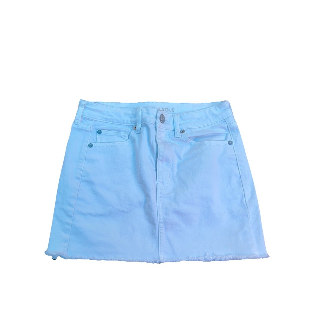 American Eagle Size 6 White Super Stretch Denim‎ Mini Skirt Raw  Hem Summer Y2K